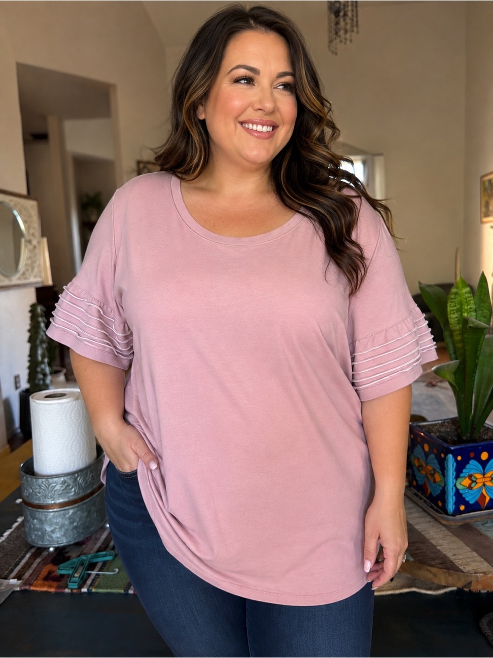 Lane Bryant Mauve Scoop Neck Tee with Layered Ruffle Sleeves